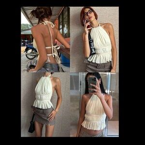 SHEIN EZwear Women's Pleated Halter Neckline Waist-Tied Backless Tank Top